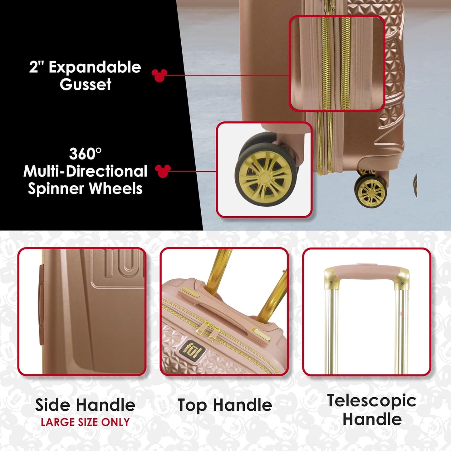 FUL Disney 3 Piece Rolling Luggage Set, Hardshell Suitcases with Spinner Wheels, Mickey Mouse-Rose Gold