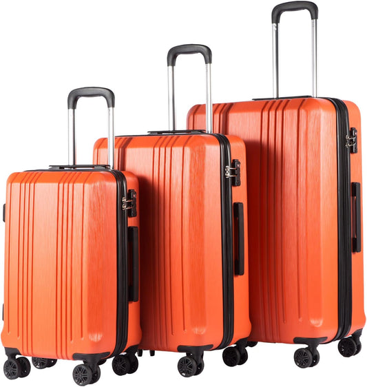 Coolife Luggage 3 Piece Set PC+ABS Hardshell Suitcases with TSA Lock, Spinner Lightweight (orange, 3 piece set)