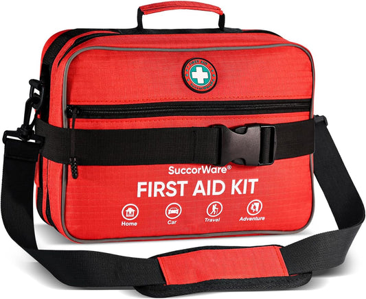 Professional 435 Pieces Large First Aid Kit - Includes Compressed Gauze - Compartments Emergency Medical Kit for Home, Camping, Backpacking, Travel, Boat, Car,Outdoors (Red)