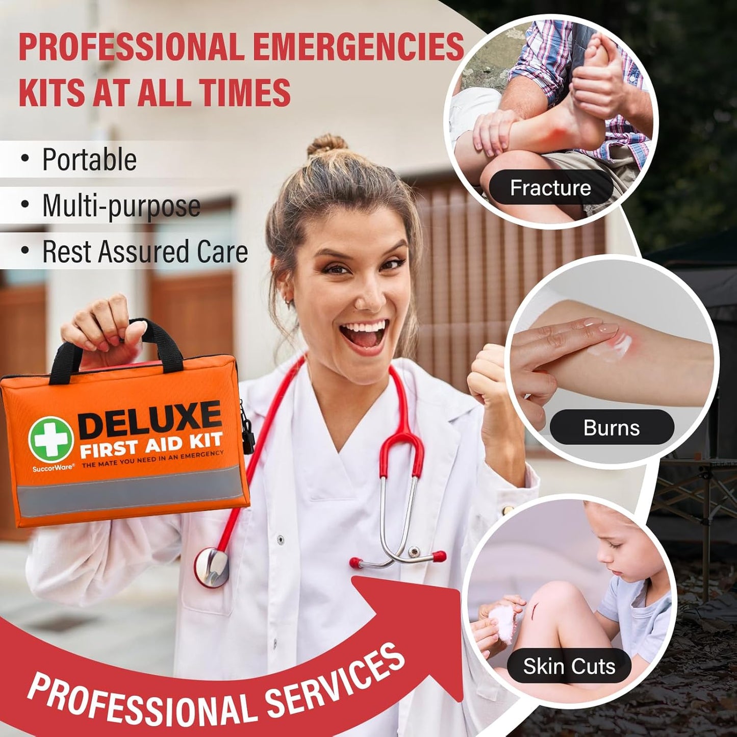 380 Pieces Deluxe First Aid Kit Compact Trauma Medical Kits with Assorted Bandages, Instant Cold Pack, Emergency Blanket for Home, Travel, Camping, Vehicle, Emergency Kits(Orange)