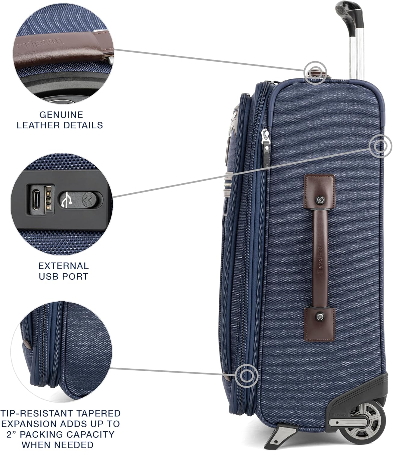Travelpro Platinum Elite Softside Expandable Carry on Luggage, 2 Wheel Upright Suitcase, USB Port, Men and Women, True Navy, Carry On 22-Inch