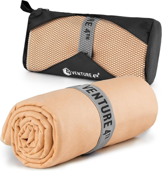 VENTURE 4TH Quick Dry Towel. Microfiber Travel Towel Ideal for Camping, Hiking, Backpacking, Gym. Lightweight & Fast Drying Travel Towels for Body. Compact & Easy to Pack - Beige Medium