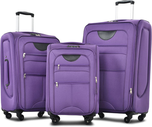 Merax Softside Luggage Set Softshell Lightweight 3 Piece Spinner Suitcase 22" 26" 30" Purple