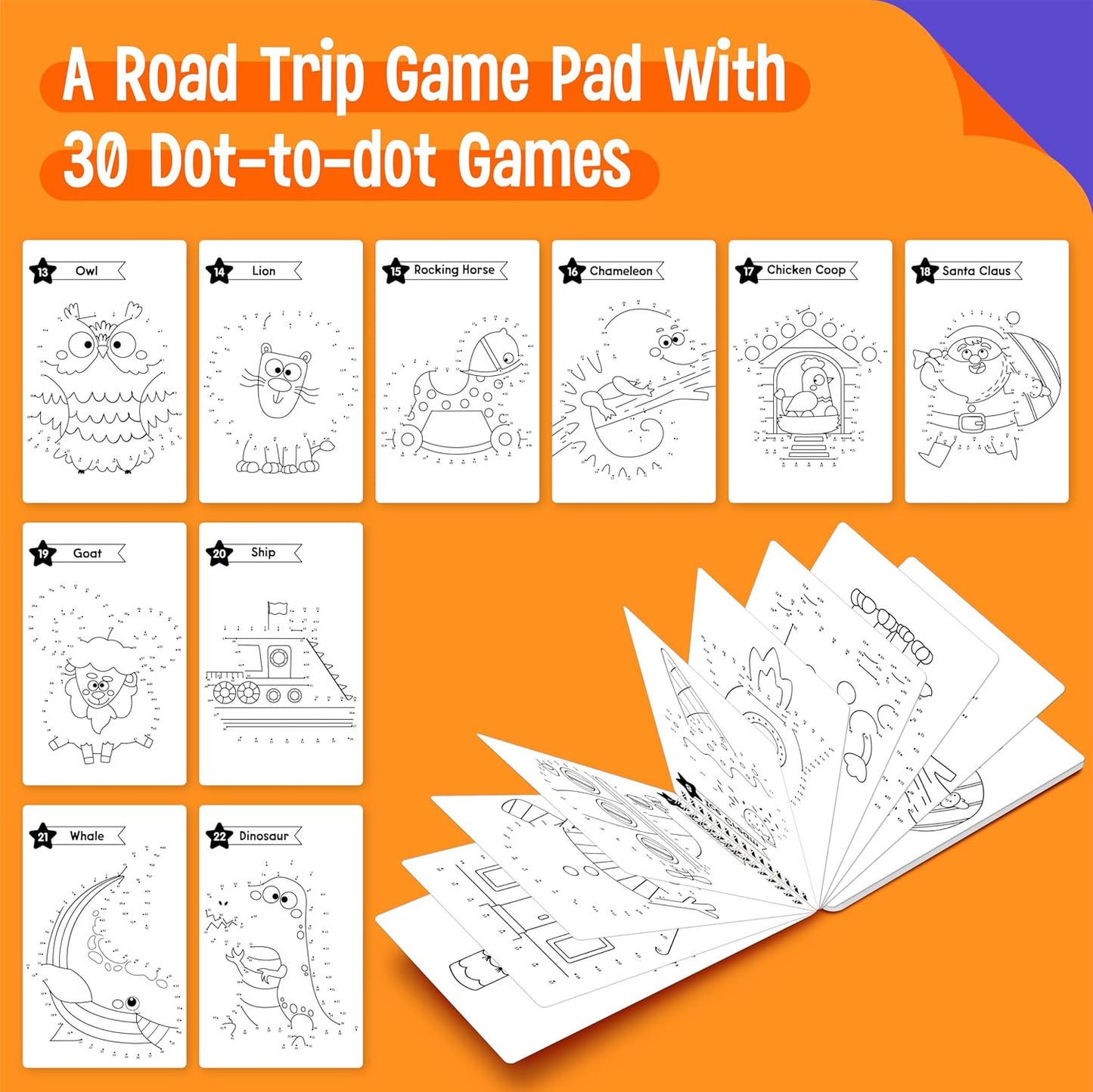 Do-to-Dot Game Pad, 30 Reusable & Erasable Number Connecting Games, Dry Erase Animal/Castle/Ship Dot to Dot Workbook for Kids, Educational Toy for Road Trip, Airplane & Car Travel Activities
