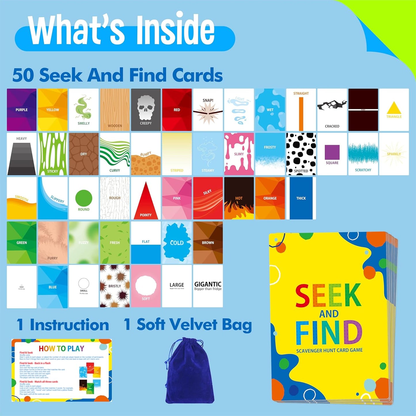 Outdoor Nature Scavenger Hunt Card Game, 50 Seek and Find Cards for Kids and Families, Funny Outside Activity Travel Pocket Game for Family, Toddlers, Kids, Adults-Outside, Yard, Camping Activities