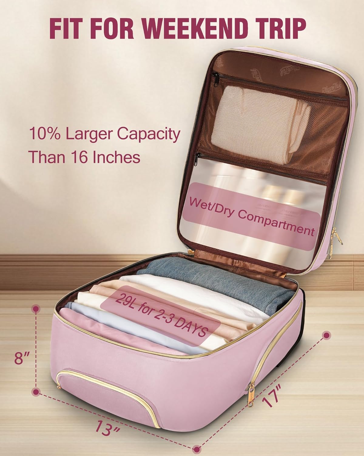 Underseat Carry On Luggage with Wheels, Airline Approved Personal Item Suitcase with Multiple Compartments, Lightweight Softside Under Seat Carry-on Suitcases for Women Travel Business, Pink