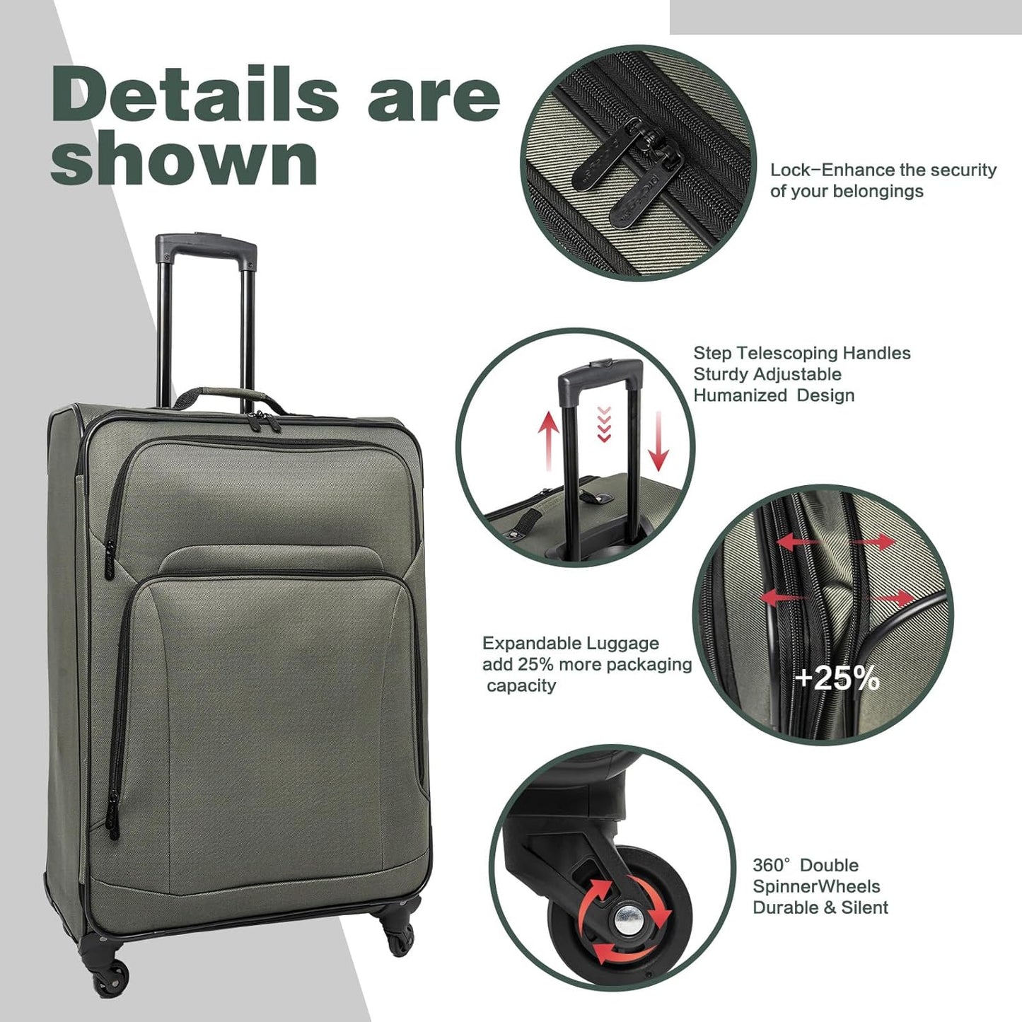 Lispin Luggage Set Softshell Expandable 4 Piece Suitcase with Wheels Softside Lightweight Travel Carry on Luggage (Dark Green)