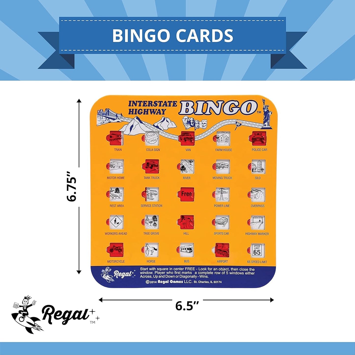 Regal Games Finger-Tip Shutter Bingo Cards with Sliding Windows - Interstate Bingo & Auto Bingo Game - Assorted Colors Travel Bingo Game Set Kids - Reusable, No Chips & Daubers Needed - 4 Packs