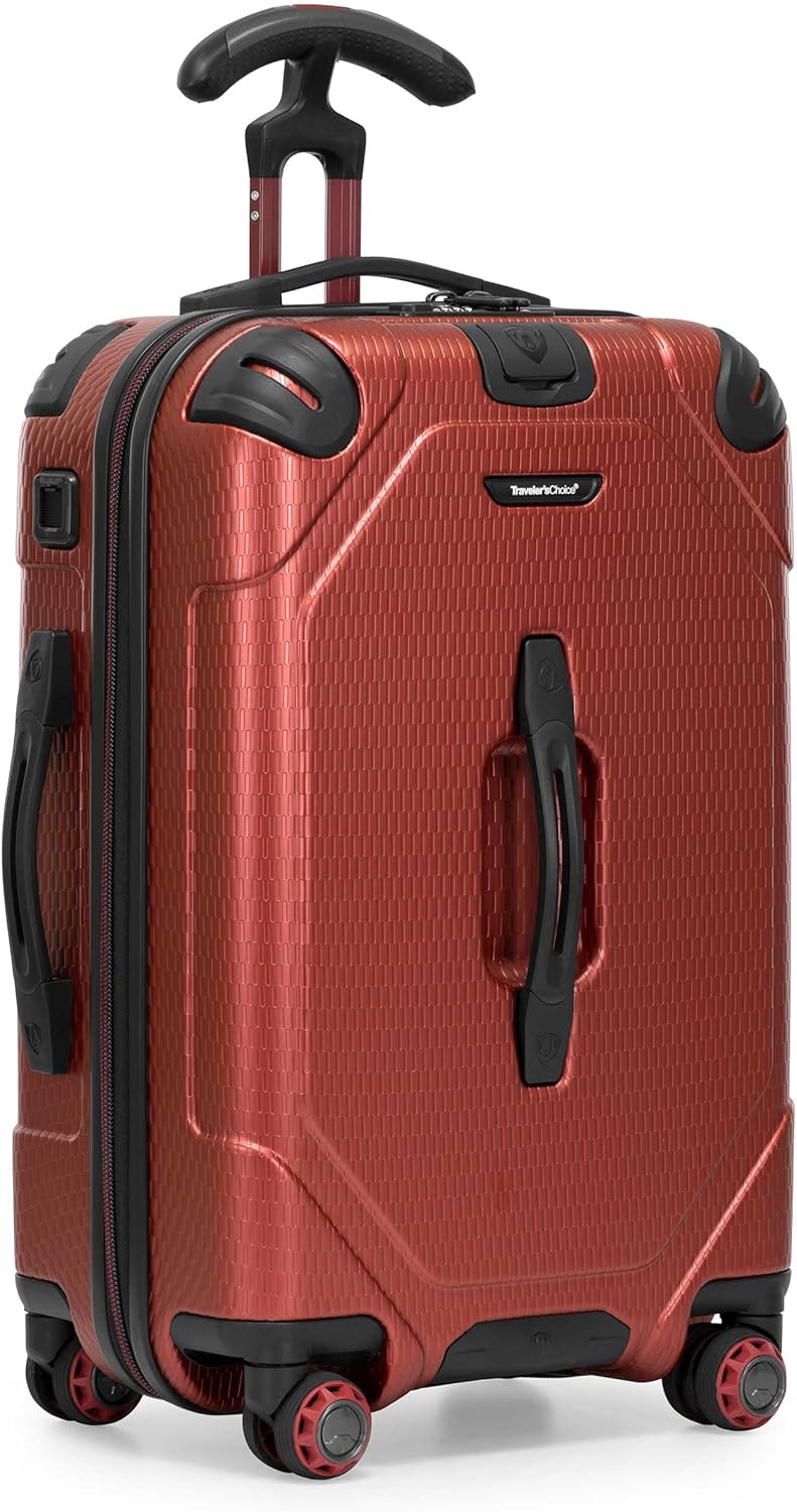Traveler's Choice Maxporter II 22" Hardside Polycarbonate Spinner Carry-On Luggage, USB Port, TSA Lock, Red