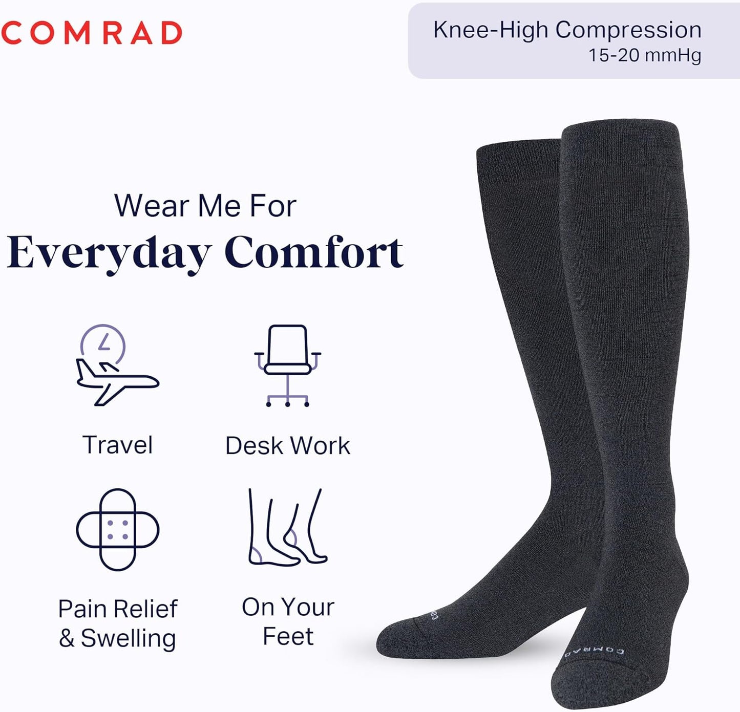 Comrad Nylon Knee High Socks - 15-20mmHg Graduated Compression Socks - Soft & Breathable Support Unisex Socks
