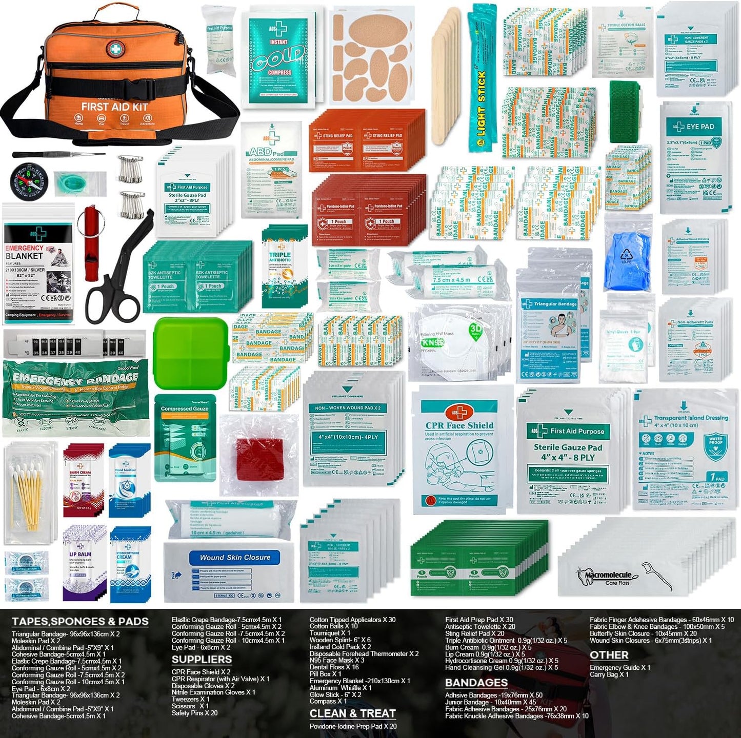 Professional 435 Pieces Large First Aid Kit - Includes CPR & Compressed Gauze - Compartments Emergency Medical Kit for Home, Camping, Backpacking, Travel, Boat, Car,Outdoors(Orange)
