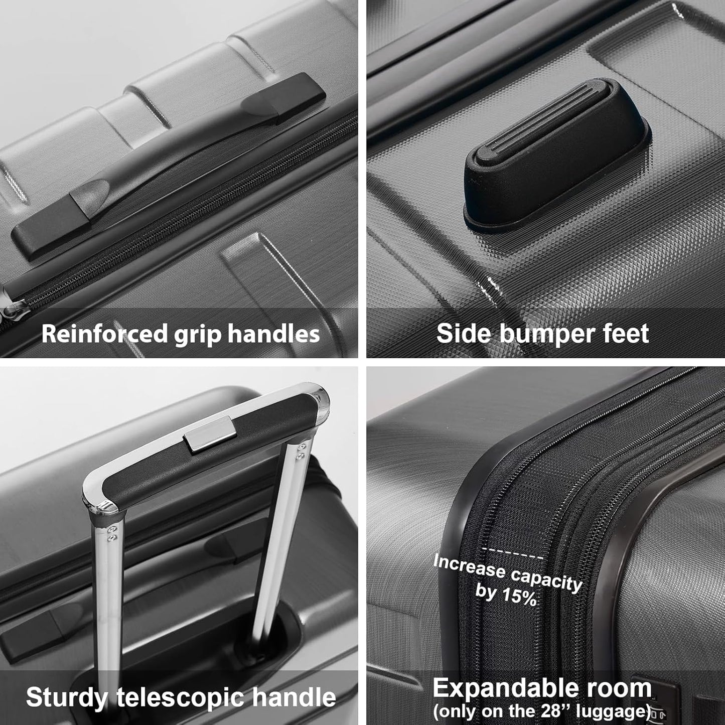 Coolife Luggage PC+ABS Expandable Hardshell Suitcase with TSA Lock, Spinner Checked Lightweight (Charcoal, 28in)