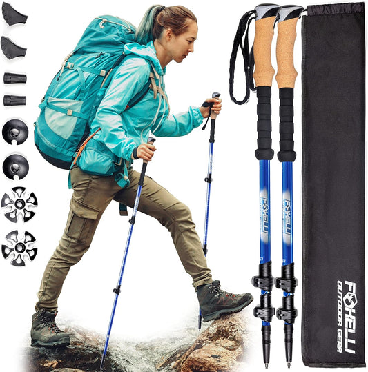 Foxelli Carbon Fiber Trekking Poles – Lightweight Collapsible Hiking Poles with Cork Grips, Lever Locks & All Terrain Accessories