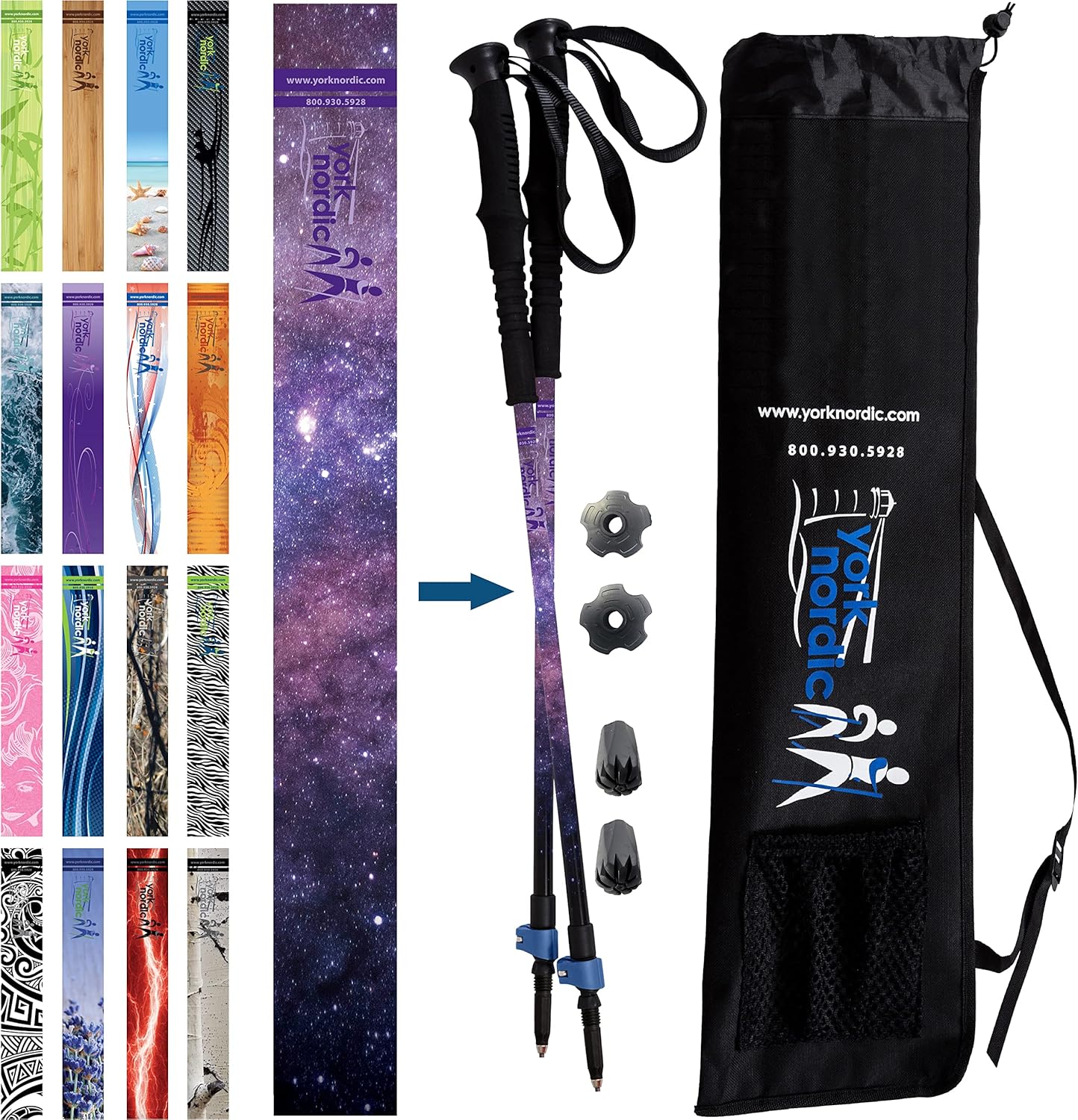 York Nordic Hiking & Walking Poles - Cushion Foam Grips w/Nordic Strap - Lightweight, Adjustable, and Great for Balance -2 Pieces w/Flip Locks, and Travel Bag - Heights 5'4"-6'2"