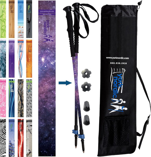 York Nordic Hiking & Walking Poles - Cushion Foam Grips w/Nordic Strap - Lightweight, Adjustable, and Great for Balance -2 Pieces w/Flip Locks, and Travel Bag - Heights 5'4"-6'2"