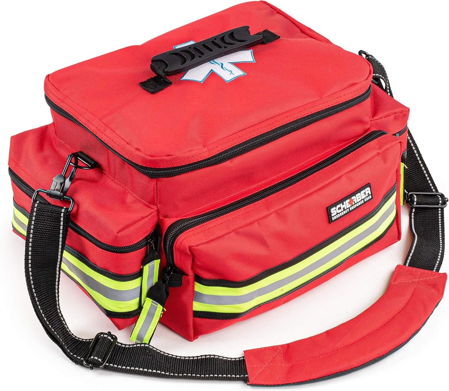 Scherber First Responder Fully-Stocked Professional Essentials EMT/EMS Trauma Kit | HSA/FSA Approved | Reflective Bag w/8 Zippered Pockets & Compartments & 200+ First Aid Supplies - Red