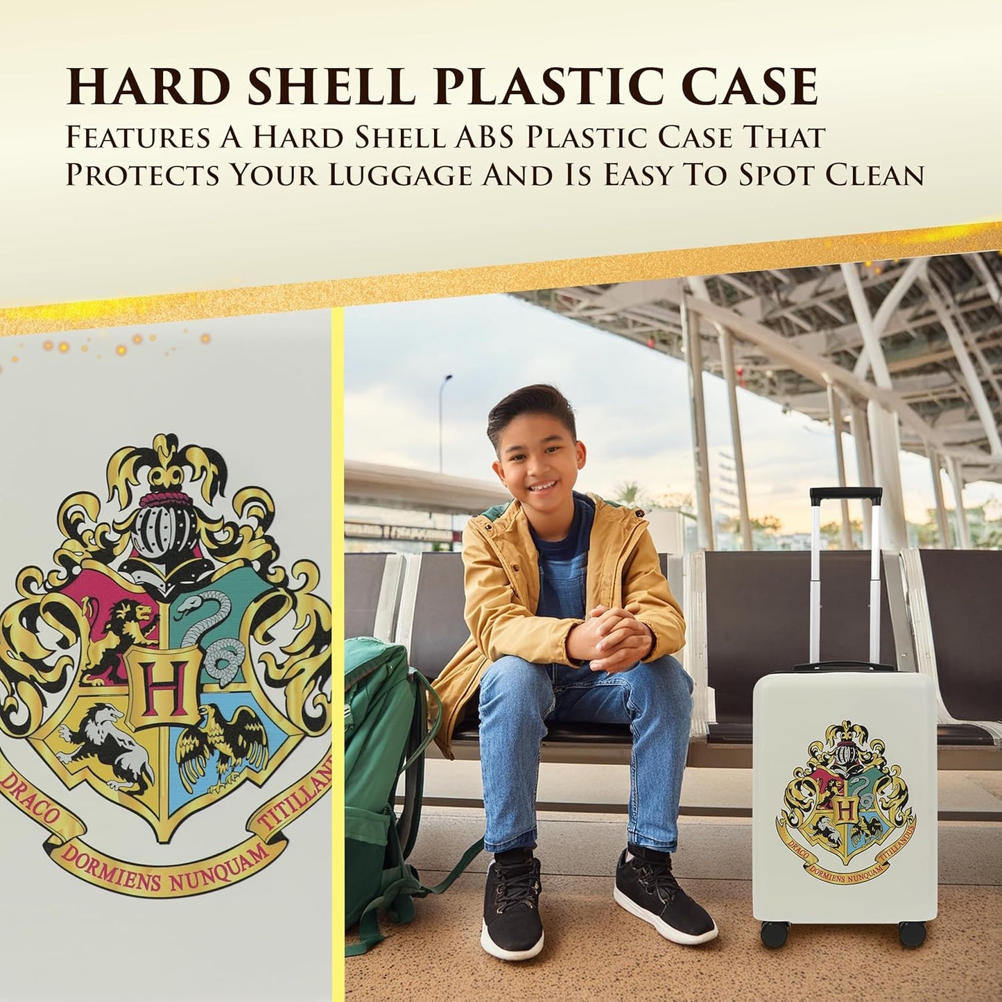 FUL Harry Potter 22.5 Inch Carry On Luggage, Hogwarts Crest Hardshell Rolling Suitcase with Spinner Wheels, White