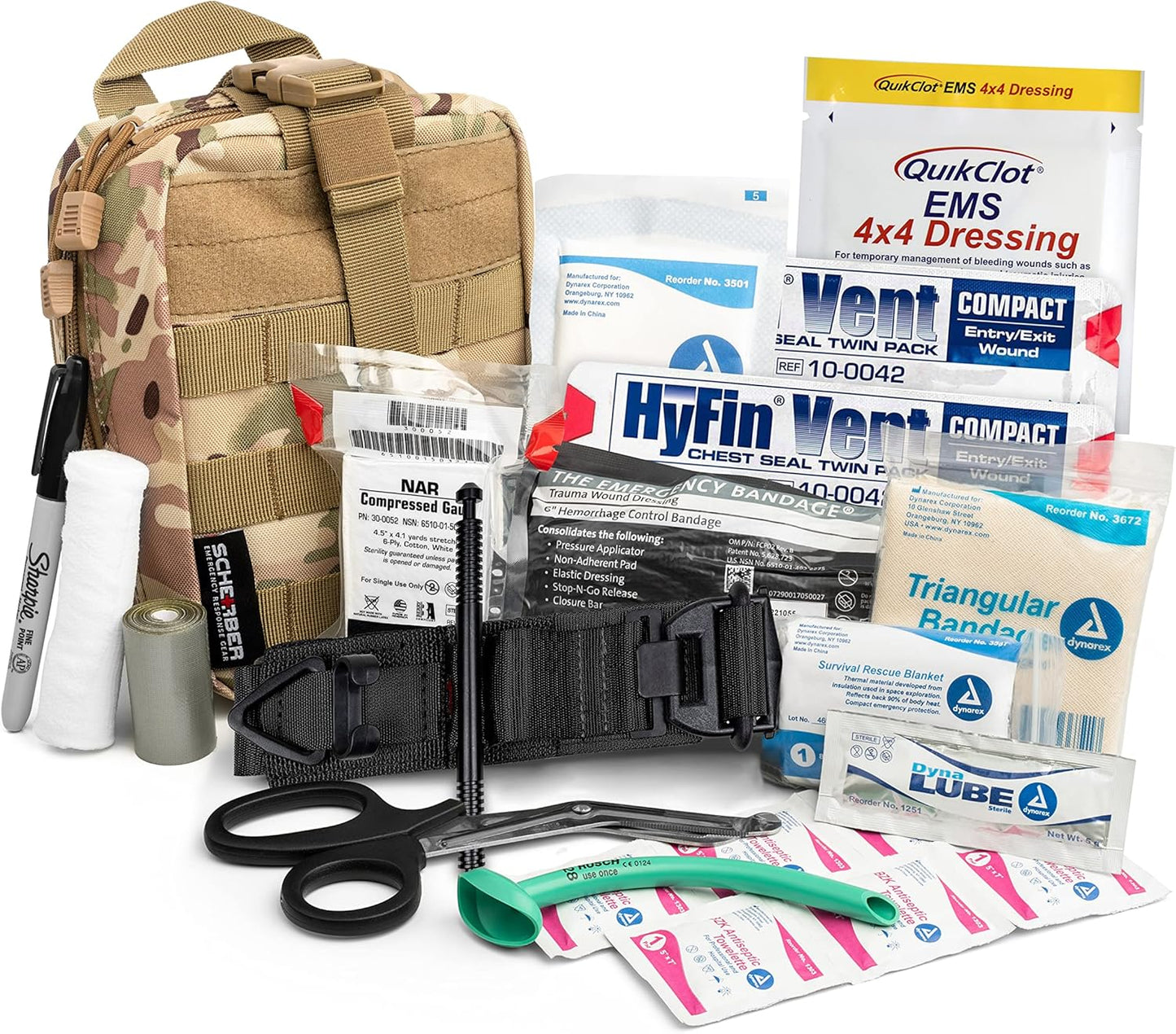 Scherber Premium IFAK Kit Trauma Pack | HSA/FSA Approved | SOF Tourniquet, QuikClot 4x4 HyFin Chest Seal, Israeli Bandage | Fully Stocked MOLLE Pouch for Gunshot, Bleeding, Major Wound Care (Camo)