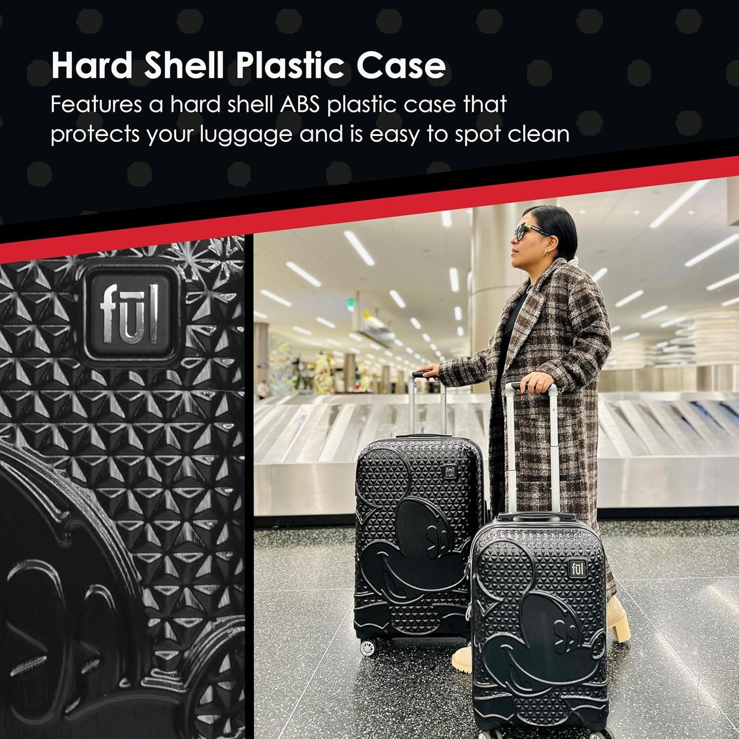 FUL Disney Mickey Mouse 21 Inch Carry On Luggage, Hardshell Rolling Suitcase with Spinner Wheels, Black