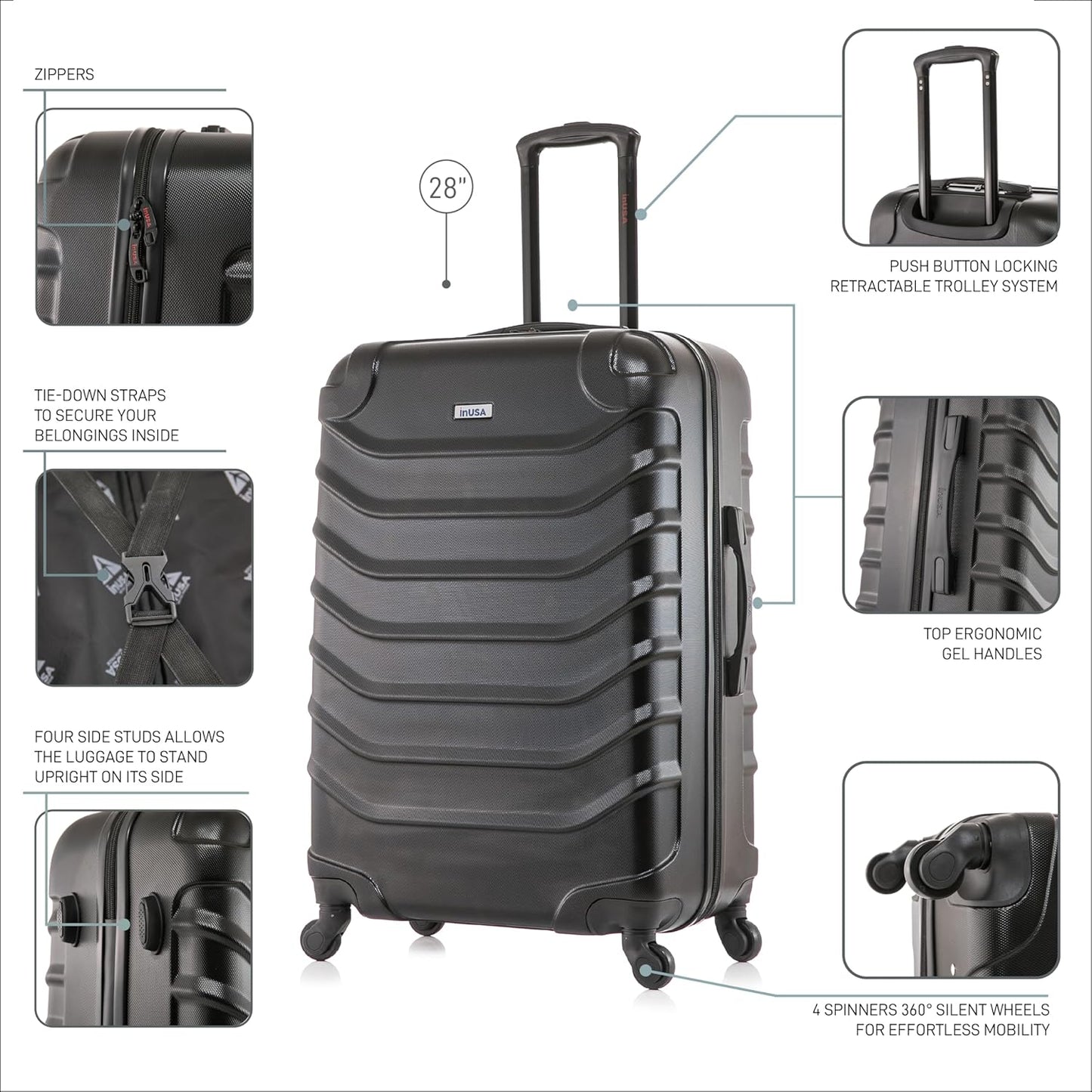 InUSA ENDURANCE Luggage with Spinner Wheels | Durable Lightweight Hardside Suitcase, Spacious Travel Bag with Handle and Trolley | 28-Inch Large Checked | Black