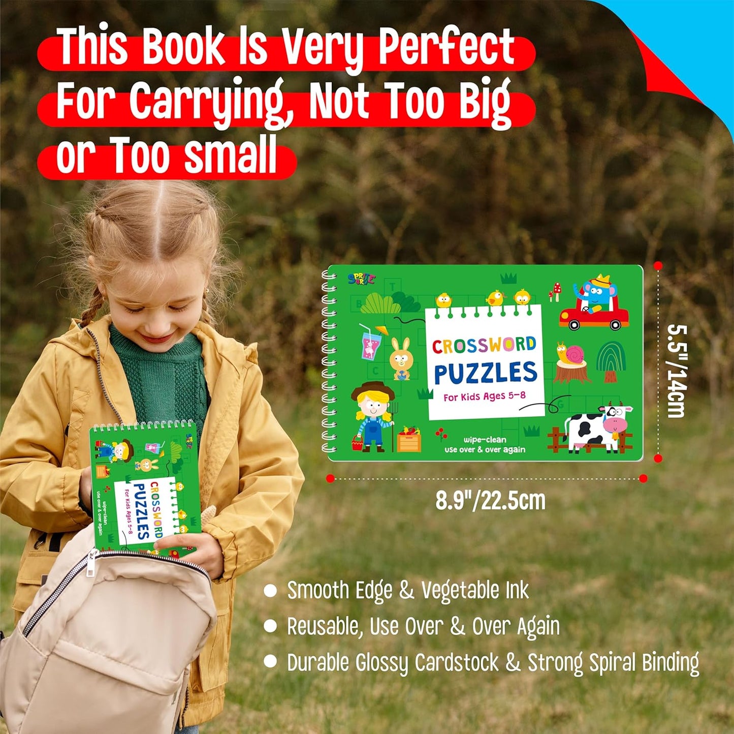 SpriteGru Crossword Puzzle Game Pad, 30 Reusable & Erasable Word Games, Dry Erase Brain-Boosting Puzzle Activities Book for Kids, Educational Toy for Road Trip, Airplane & Car Travel