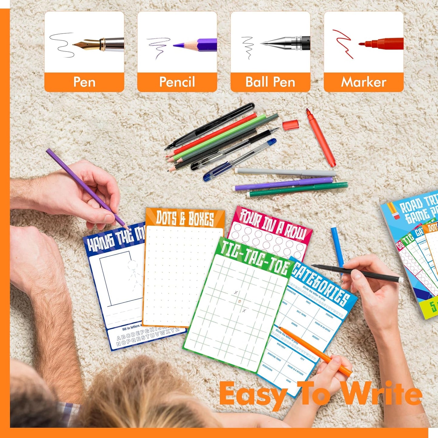 Road Trip Game Pad, 80 Tear-Off Sheets 5 Classic Games in 1 Pad, Dots & Boxes, Tic-tac-Toe, Categories, Plane Travel, Car Trip Activity, Pen Pencil & Paper Game for Kids, Adults (4” x 6”)