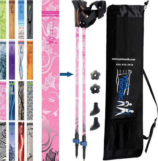 Official Nordic Walking Poles - True Classic Nordic Glove Grips, Lightweight, Adjustable, and Collapsible -2 Pieces w/flip Locks, Detachable Feet and Travel Bag by York Nordic - Heights 5'4"-6'2"