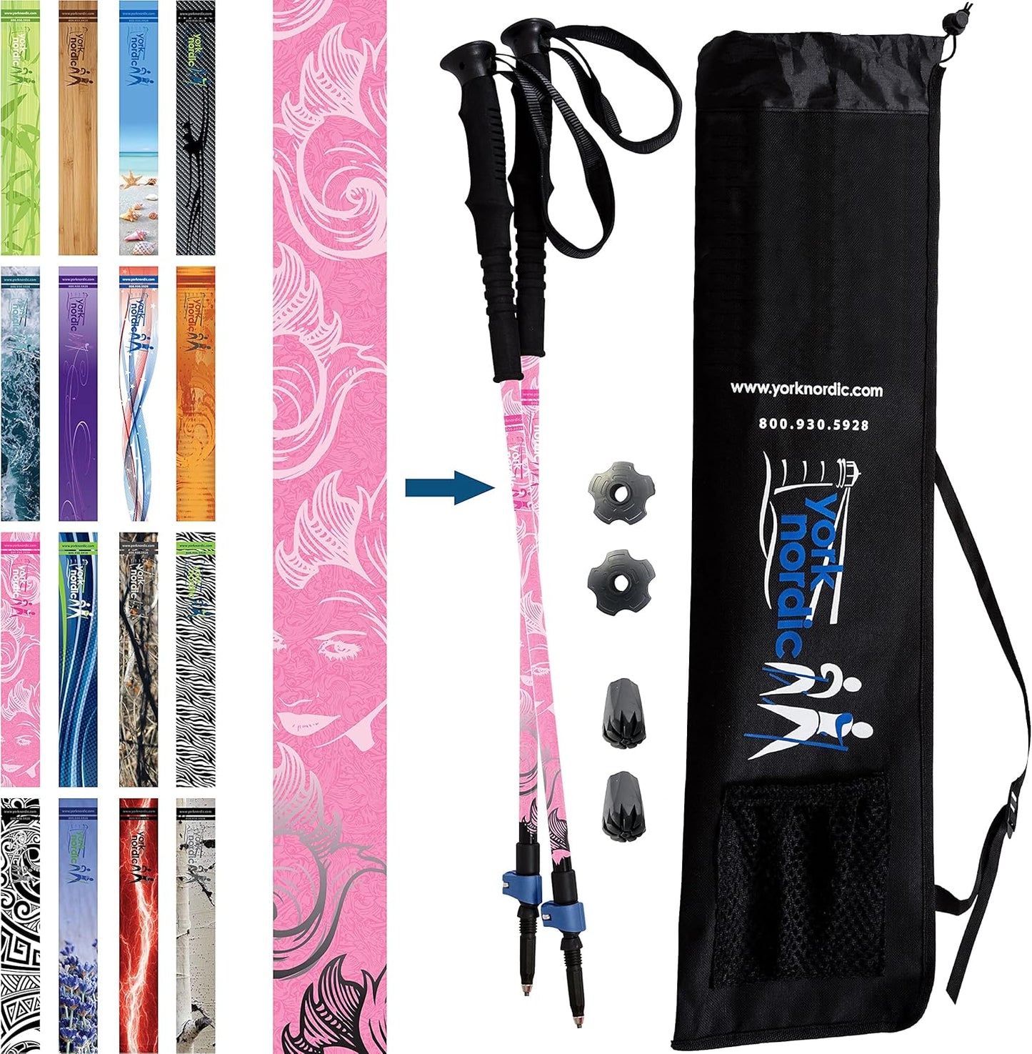 York Nordic Hiking & Walking Poles - Cushion Foam Grips w/Nordic Strap - Lightweight, Adjustable, and Great for Balance -2 Pieces w/Flip Locks, and Travel Bag - Heights 5'4"-6'2"