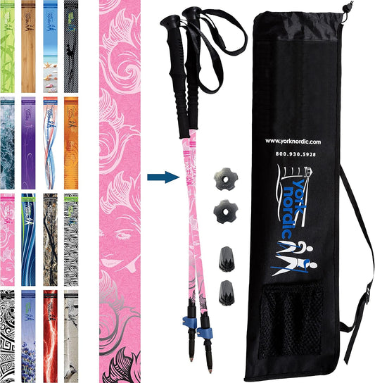 York Nordic Hiking & Walking Poles - Cushion Foam Grips w/Nordic Strap - Lightweight, Adjustable, and Great for Balance -2 Pieces w/Flip Locks, and Travel Bag - Heights 5'4"-6'2"
