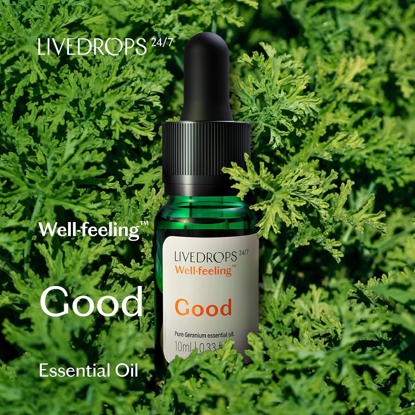 LIVEDROPS 24/7 Good Geranium Essential Oil, Natural Vegan Aromatherapy for Diffuser or Diluted Skin Use, Rosy Floral Scent, Origin Egypt, Made in USA, Clinically Tested, 10ml