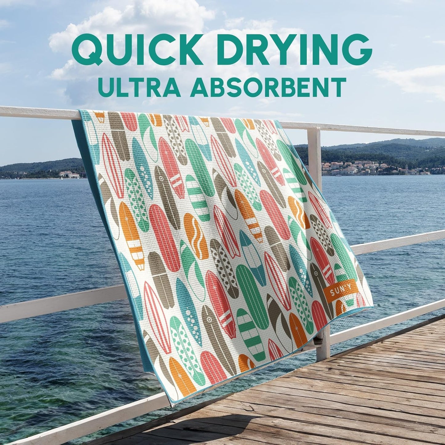 SUN'Y Waffle Microfiber Beach Towel – Sand Free, Quick Dry, Ultra Absorbent, Lightweight & Compact Travel Towel with Carry Bag - Large (63” x 31.5”), Huntington