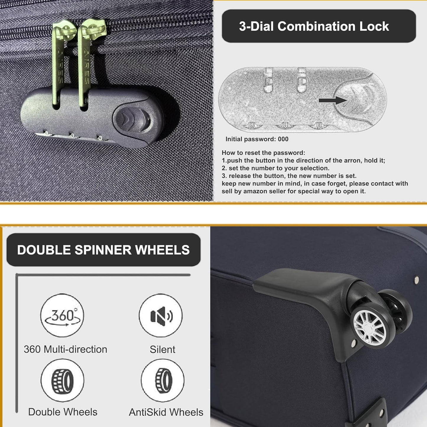 Softside Luggage Sets, Extra Large Expandable Suitcase Sets With Spinner Wheels and Combination Lock Red Luggage For Long Time Overseas Journey (Navy Blue) 22inch, 26inch, 30inch