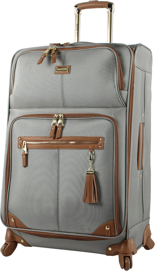 Steve Madden Designer Luggage - Checked Large 28 Inch Softside Suitcase - Expandable for Extra Packing Capacity - Lightweight Bag with Rolling Spinner Wheels (Harlo Gray)