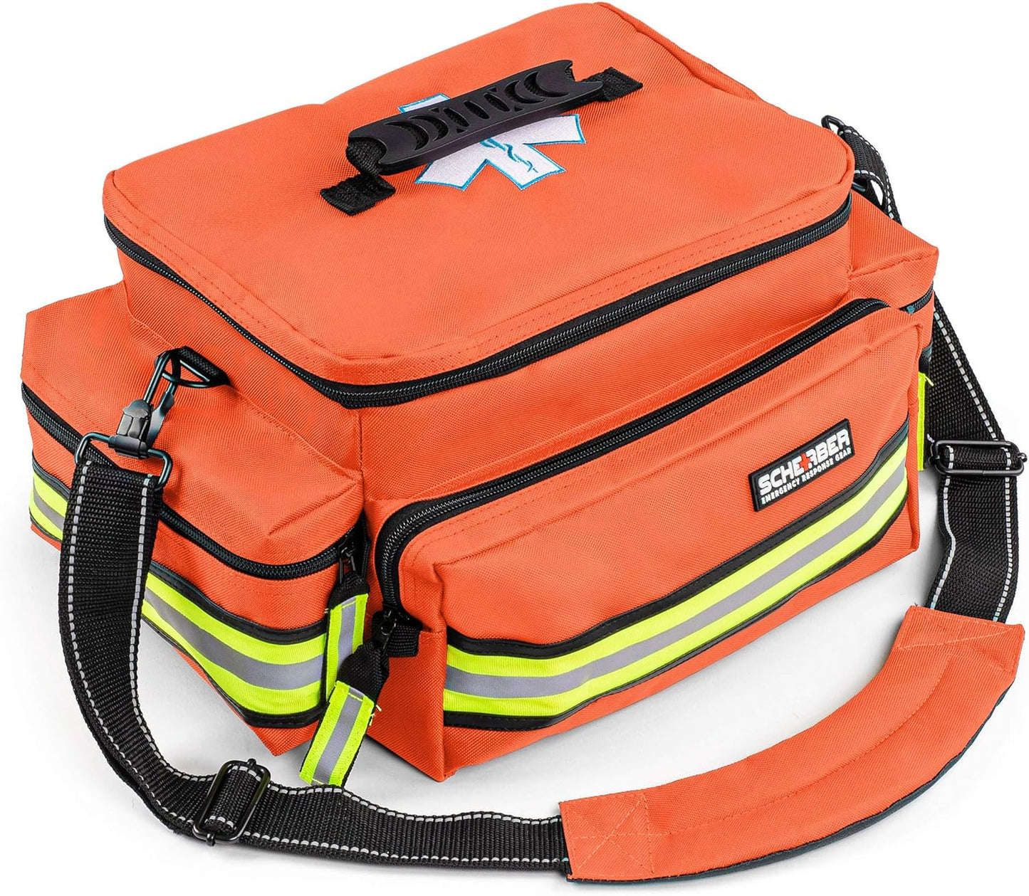 Scherber First Responder Fully-Stocked Professional Essentials EMT/EMS Trauma Kit | HSA/FSA Approved | Reflective Bag w/8 Zippered Pockets & Compartments & 200+ First Aid Supplies - Orange