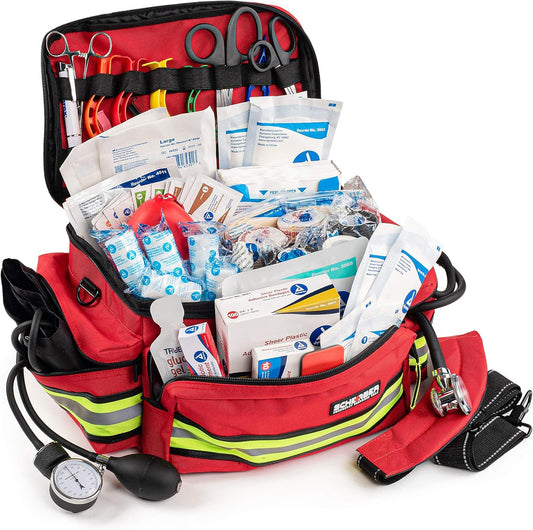 Scherber First Responder Fully-Stocked Professional Essentials EMT/EMS Trauma Kit | HSA/FSA Approved | Reflective Bag w/8 Zippered Pockets & Compartments & 200+ First Aid Supplies - Red