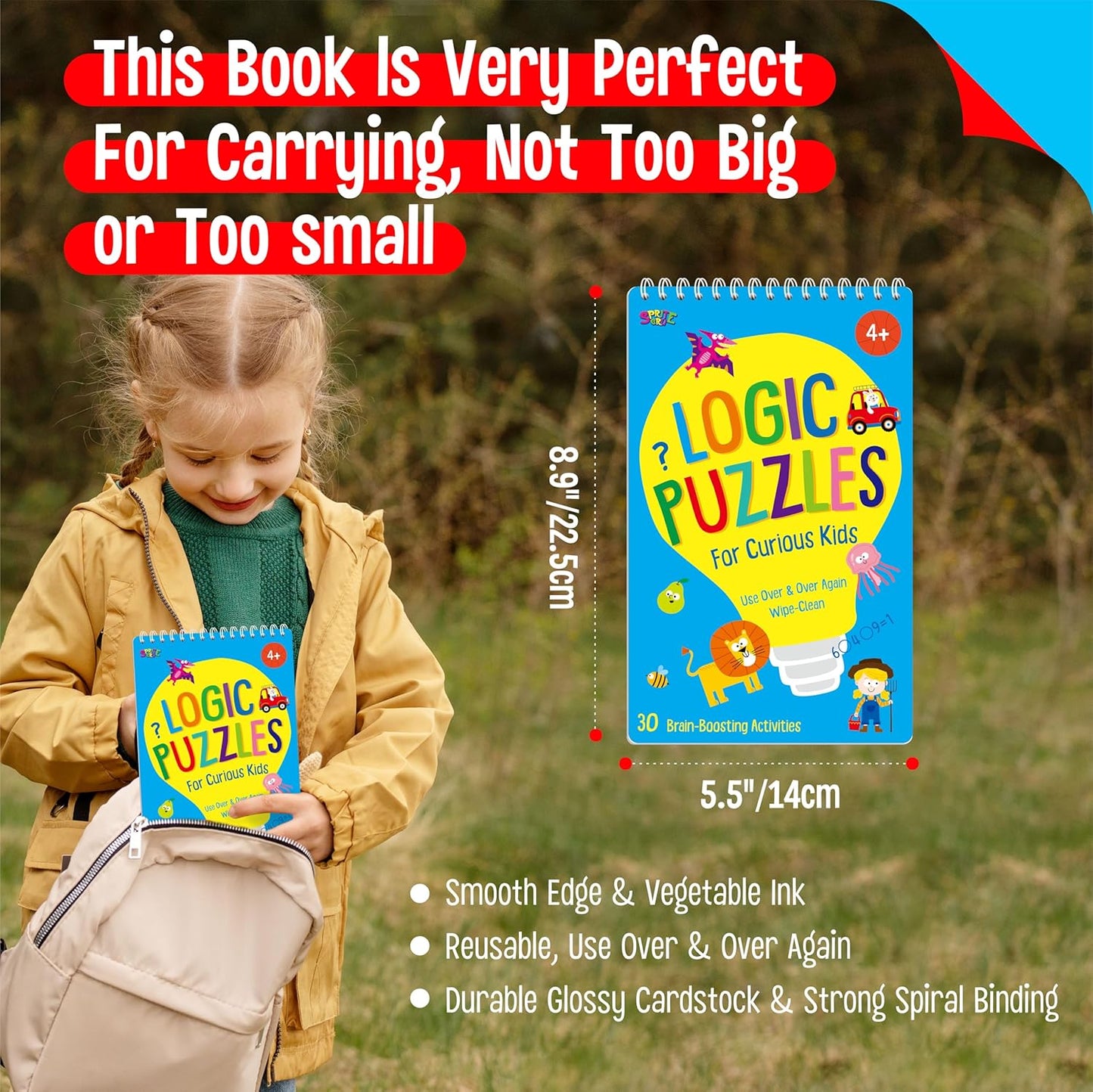 SpriteGru Logic Puzzles Game Pad, 30 Reusable & Erasable Logical Thinking Games, Dry Erase Brain-Boosting Puzzle Activities Book for Kids, Educational Toy for Road Trip, Airplane & Car Travel