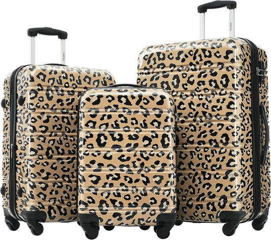 Merax Luggage Sets 3 Piece, Hardside Expandable Suitcase Set with Spinner Wheels, Lightweight Leopard Luggage 20+24+28 IN,Leopard Brown