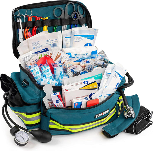 Scherber First Responder Fully-Stocked Professional Essentials EMT/EMS Trauma Kit | HSA/FSA Approved | Reflective Bag w/8 Zippered Pockets & Compartments & 200+ First Aid Supplies - Blue