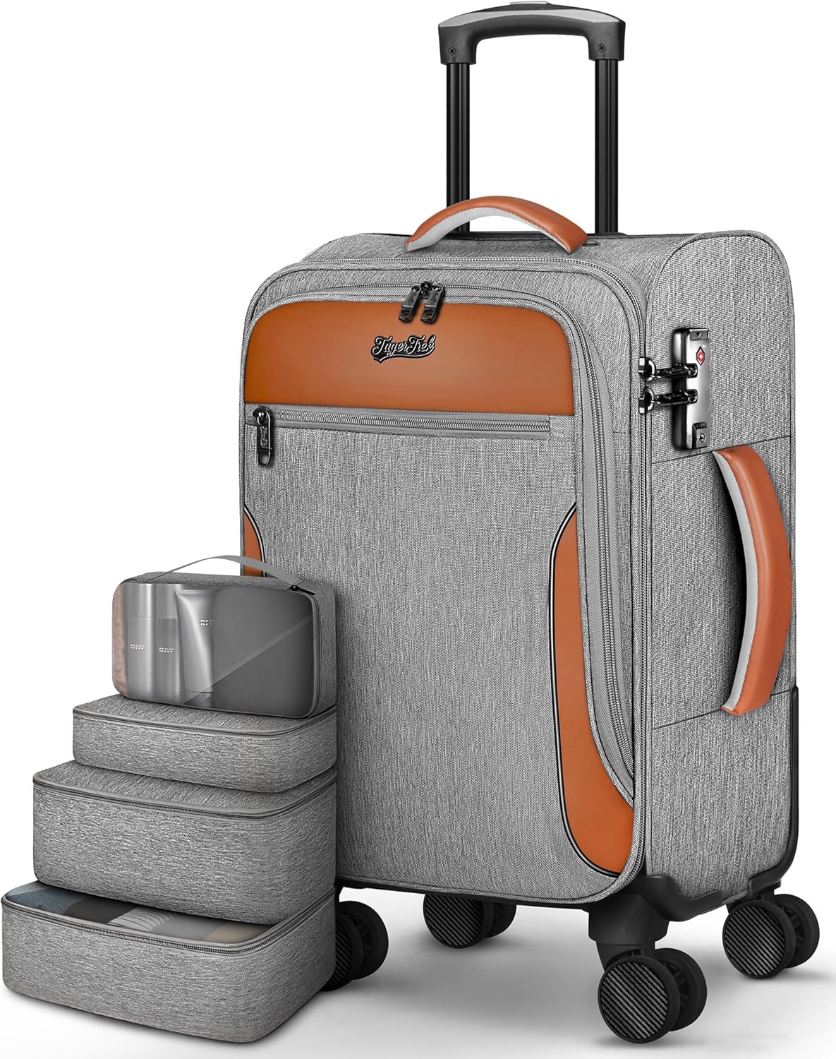 Carry On Luggage 22x14x9 Airline Approved, 20 Inch Softside Suitcase with 4 Pcs, Lightweight Luggage for Women Men with TSA Lock and 4 Spinner Wheels, Soft Side Carry-on Suitcases for Travel, Grey