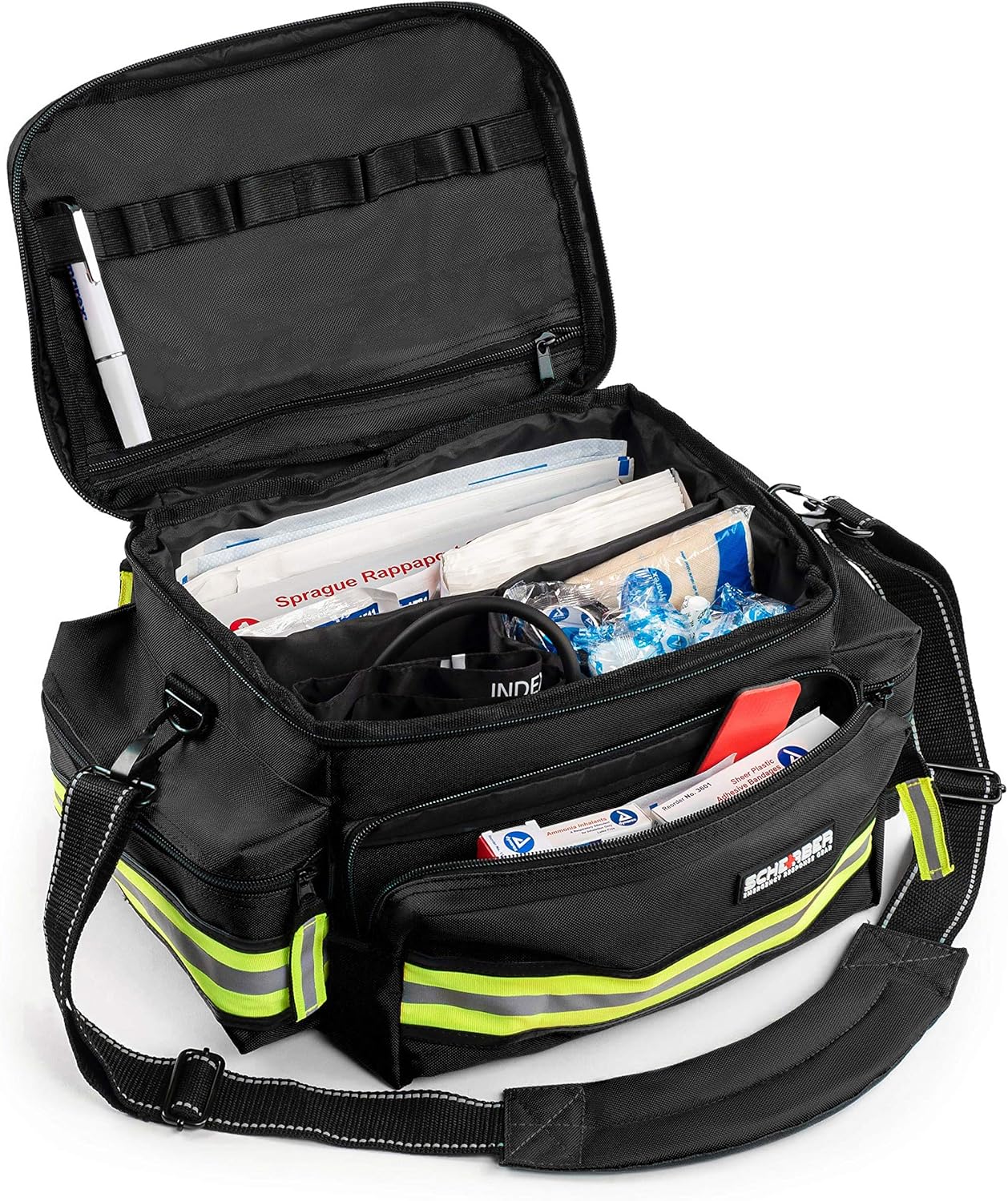 Scherber First Responder Fully-Stocked Professional Essentials EMT/EMS Trauma Kit | HSA/FSA Approved | Reflective Bag w/8 Zippered Pockets & Compartments & 200+ First Aid Supplies - Black