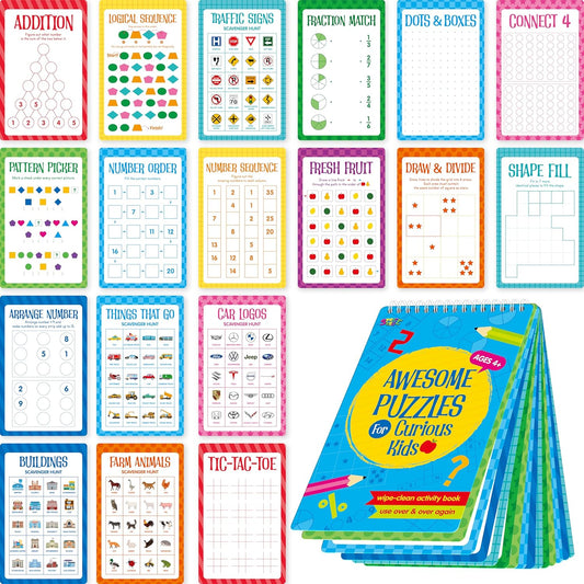Logic Puzzles Game Pad, 30 Reusable & Erasable Logical Thinking Games-Sudoku, Scavenger Hunt, Math Games, Dry Erase Brain-Boosting Puzzles Activities Pad for Kids, Road Trip, Airplane & Car Travel