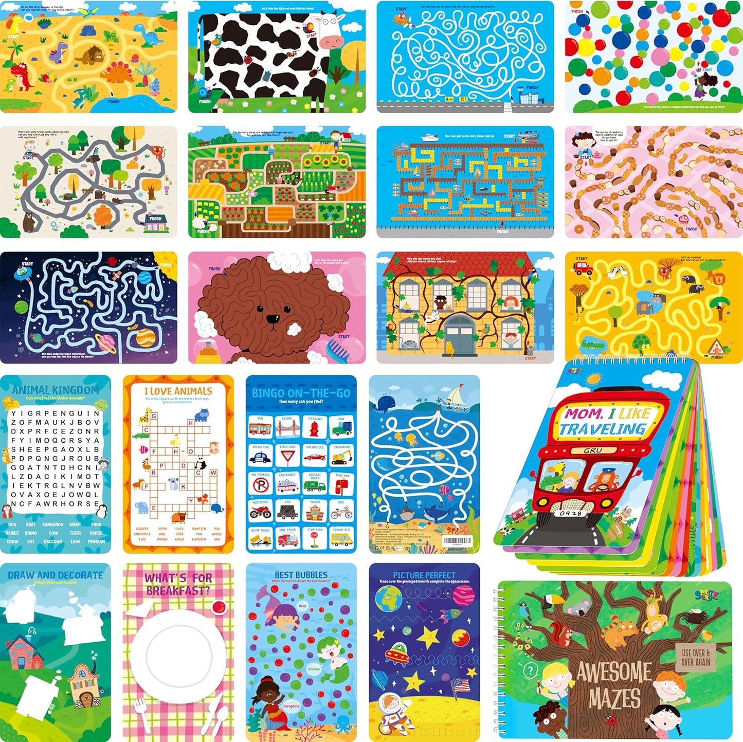 SpriteGru 2 Travel Game Pads, 61 Dry Erase Activities Games Reusable & Erasable Book, Fun Brain Challenge Games Interesting Educational Toy and Learning Tool for Road Trip Airplane Travel