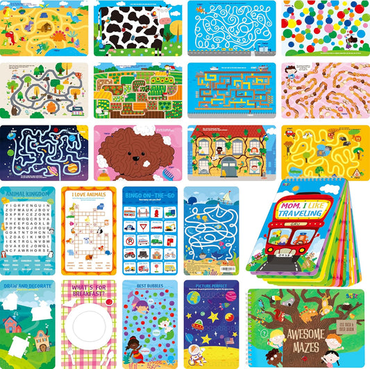 SpriteGru 2 Travel Game Pads, 61 Dry Erase Activities Games Reusable & Erasable Book, Fun Brain Challenge Games Interesting Educational Toy and Learning Tool for Road Trip Airplane Travel