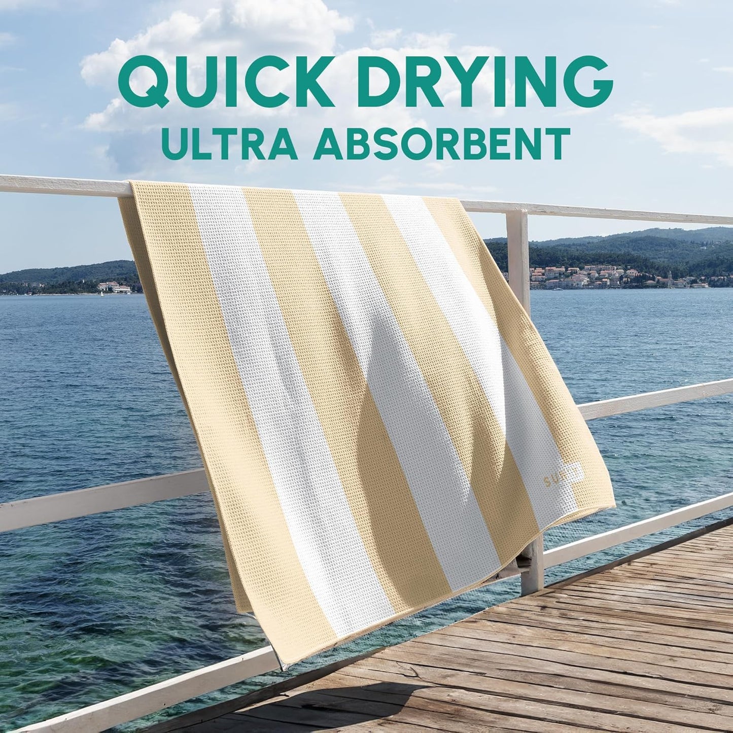 SUN'Y Waffle Microfiber Beach Towel – Sand Free, Quick Dry, Ultra Absorbent, Lightweight & Compact Travel Towel with Carry Bag - Large (63” x 31.5”), Natural Sand