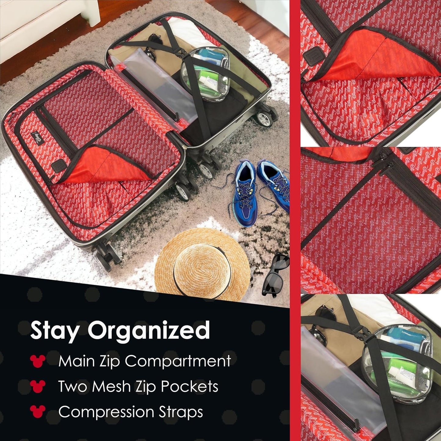 FUL Disney 26 Inch Rolling Luggage, Hardshell Suitcase with Spinner Wheels, Mickey Mouse-Silver