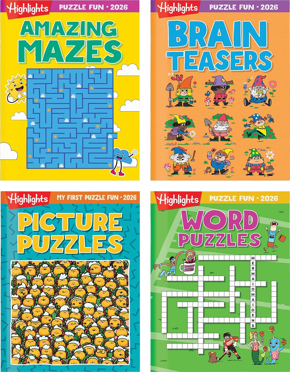 2026 Puzzle Fun Activity Book Gift Set for Kids 6 and Up, 4 Fun Books with Brain Teasers, Mazes, Word Games and More, Travel Activity and Puzzle Game Books for Kids
