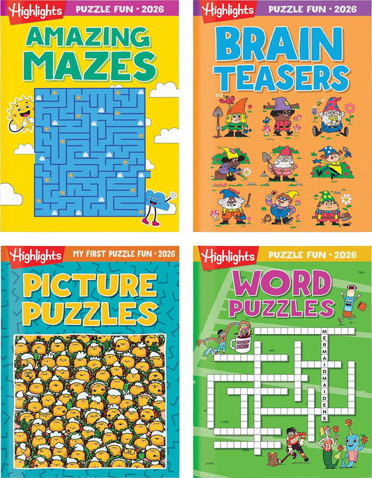 2026 Puzzle Fun Activity Book Gift Set for Kids 6 and Up, 4 Fun Books with Brain Teasers, Mazes, Word Games and More, Travel Activity and Puzzle Game Books for Kids