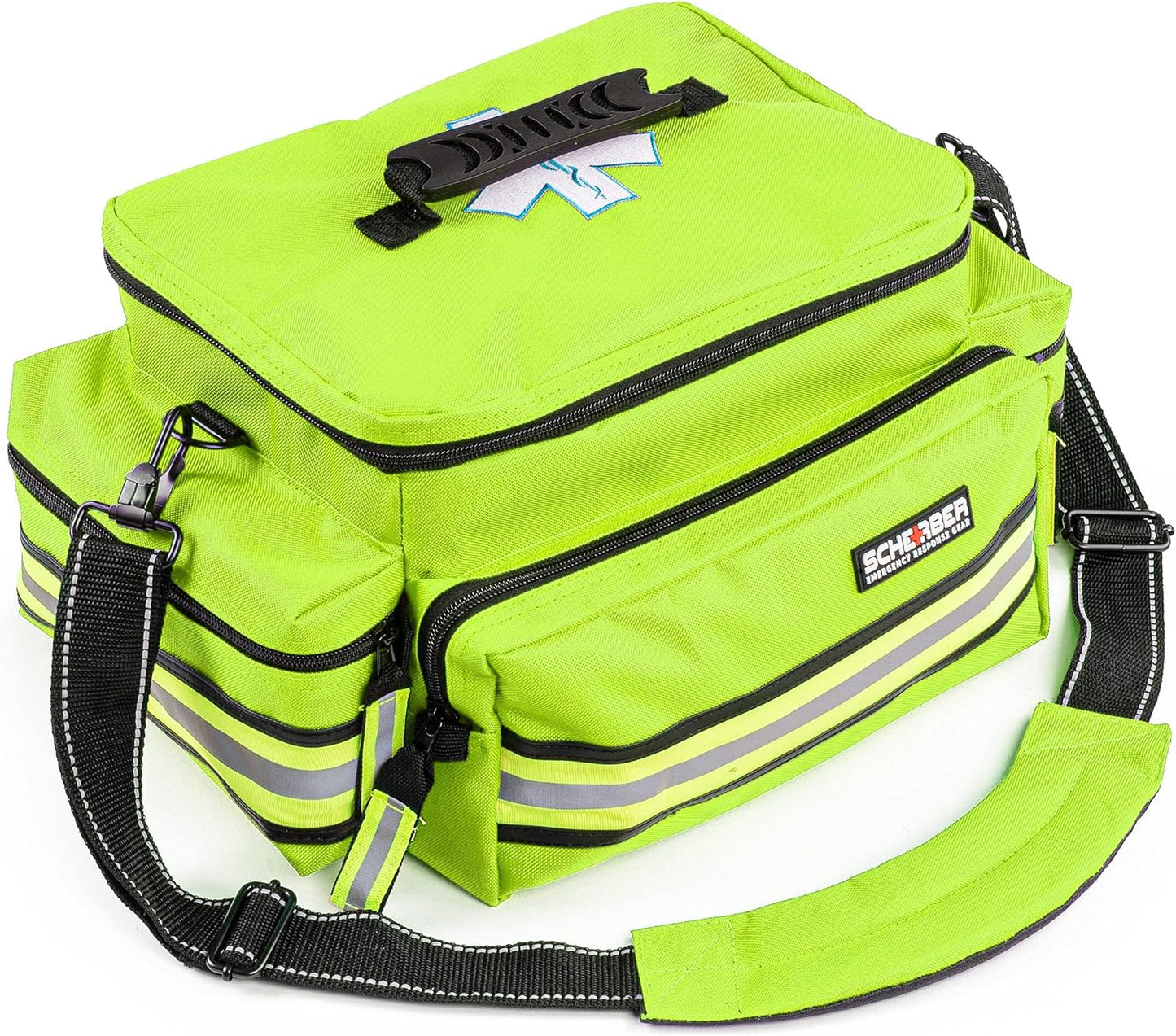 Scherber First Responder Fully-Stocked Professional Essentials EMT/EMS Trauma Kit | HSA/FSA Approved | Reflective Bag w/8 Zippered Pockets & Compartments & 200+ First Aid Supplies - Yellow