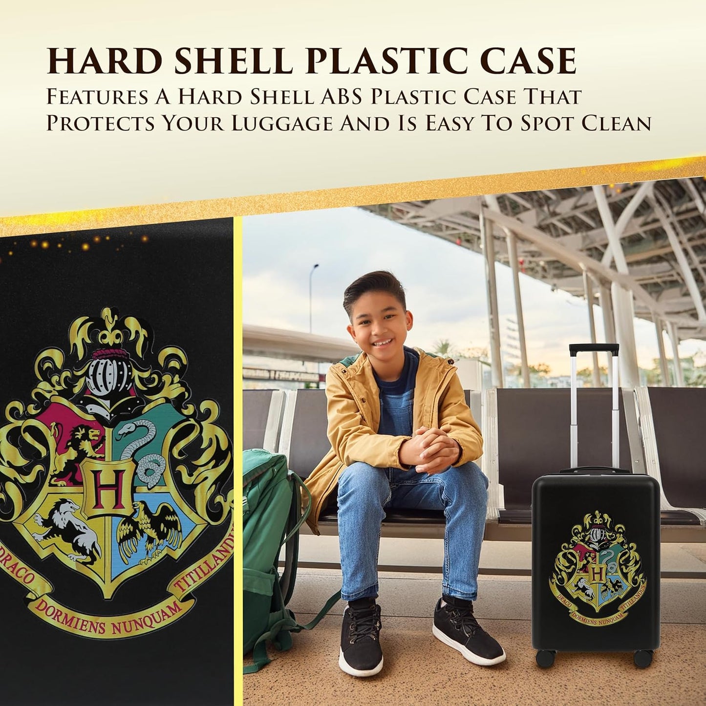 FUL Harry Potter 22.5 Inch Carry On Luggage, Hogwarts Crest Hardshell Rolling Suitcase with Spinner Wheels, Black