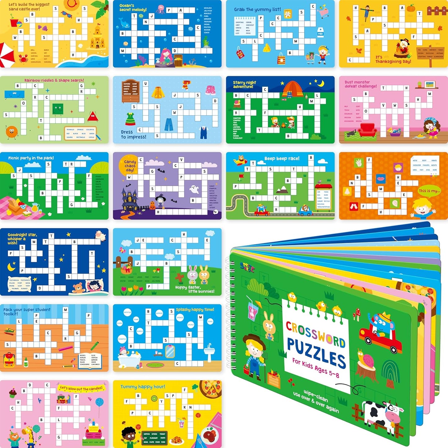 SpriteGru Crossword Puzzle Game Pad, 30 Reusable & Erasable Word Games, Dry Erase Brain-Boosting Puzzle Activities Book for Kids, Educational Toy for Road Trip, Airplane & Car Travel